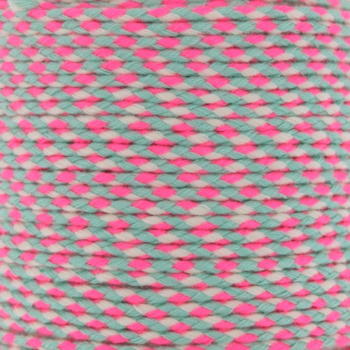 Cordoncino di cotone intrecciato 2 mm - Rosa fluorescente - Grigio - Bianco x1m