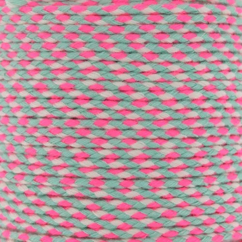 Cordoncino di cotone intrecciato 2 mm - Rosa fluorescente - Grigio - Bianco x1m