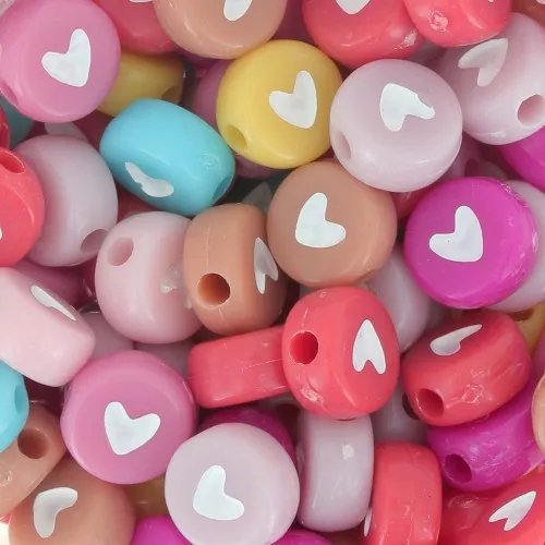 Assortimento di 20 perline rotonde cuore - 7 mm - Pastello multicolore - Bianco