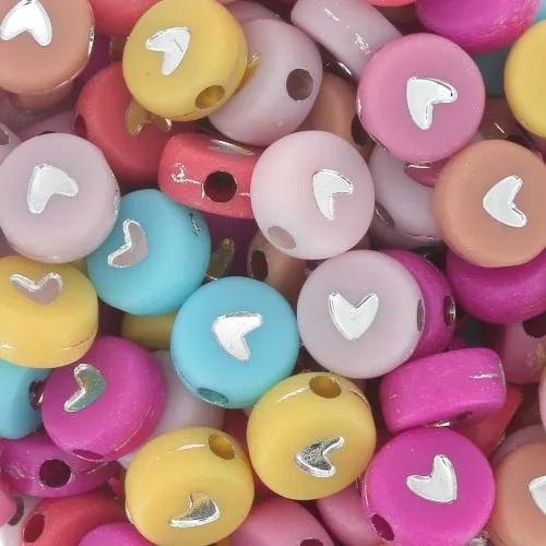 Assortimento di 20 perline rotonde cuore - 7 mm - Pastello multicolore - Argento