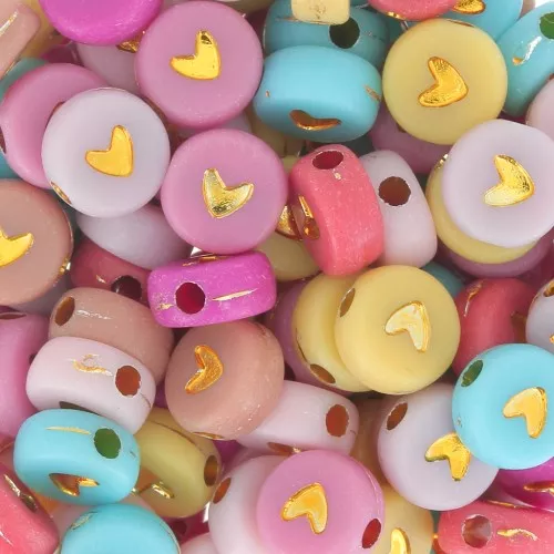 Assortimento di 20 perline rotonde cuore - 7 mm - Multicolore pastel - Dorato
