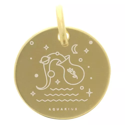 Ciondolo rotondo 13,5 mm - segno zodiacale Acquario - Argento 925 dorato x1