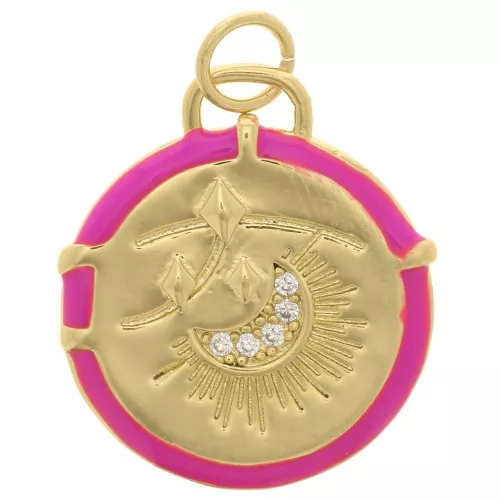 Perdente tondo luna con resina eposs. e Ossido di zirconio 18 mm dorato Rosa fluorescente x1