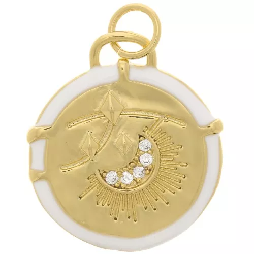 Perdente tondo luna con resina eposs. e  Ossido di zirconio 18 mm -dorato - Bianco x1