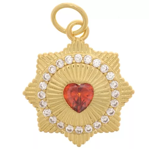 Pendente striato - motivo a cuore - con Ossido di zirconio 14 mm -Dorato - Arancione x1