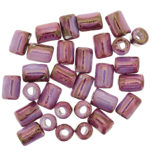 Perline a tubo in ceramica Heishi 7x5 mm - Iridescente marmorizzato fucsia x5