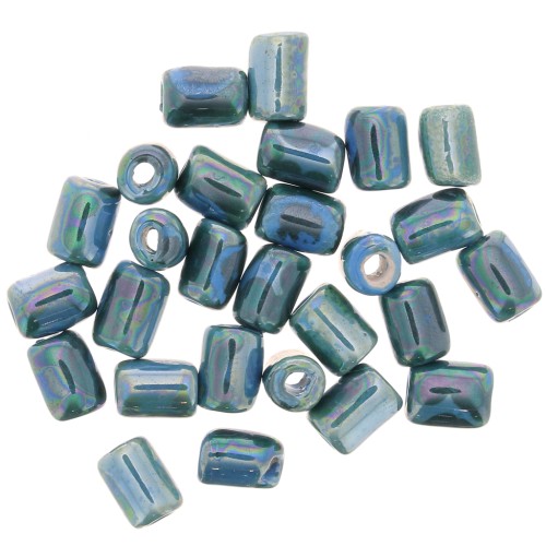 Perline tubo in ceramica stile Heishi 7x5 mm - blu marmorizzato iridescente x5