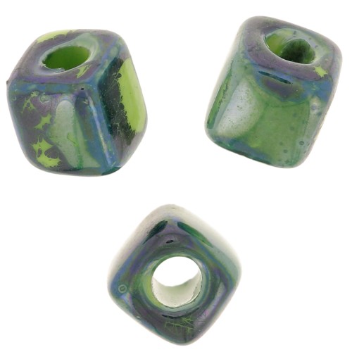 Perle cubo di ceramica 5 mm - Verde scuro iridescente marmorizzato x5