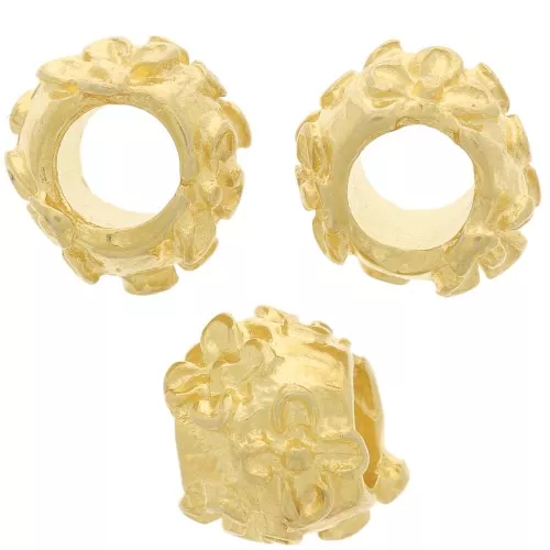 Perlina rotonda da 10 mm - motivo floreale - foro grande dorato con oro fino x1