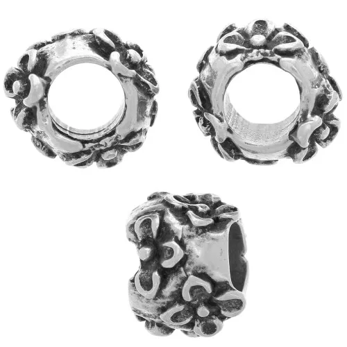 Perlina rotonda 10 mm - motivo floreale - foro grande - Argento antico x1