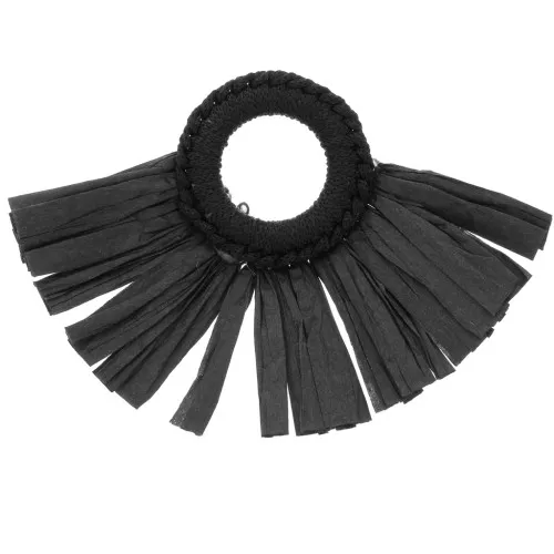 Pendente ventaglio con pon pon in rafia 45,5x66 mm - Nero x1