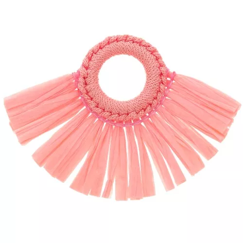Pendente ventaglio con pon pon in rafia 45,5x66 mm - Rosa chiaro x1