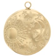 Pendente rotondo martellato 15,5 mm - motivo luna e sole - Acciaio inossidabile 304L Dorato x1