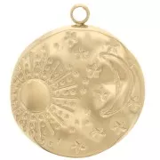 Pendente rotondo martellato 15,5 mm - motivo luna e sole - Acciaio inossidabile 304L Dorato x1