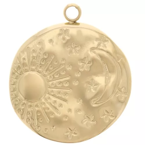 Pendente rotondo martellato 15,5 mm - motivo luna e sole - Acciaio inossidabile 304L Dorato x1