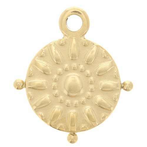 Ciondolo rotondo 15 mm e palline - motivo sole - acciaio inossidabile 316L dorato