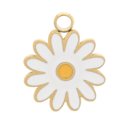 Ciondolo a margherita 9,5 mm con resina epossidica - Acciaio inossidabile 304 Dorato - Bianco x1