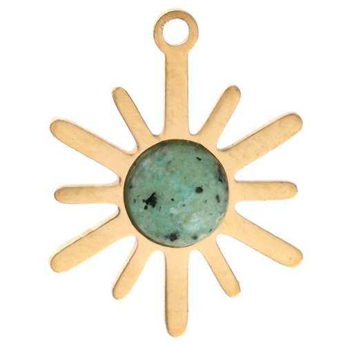 Ciondolo a forma di sole 13,5x10,5 mm - Acciaio inossidabile 316L Dorato - Turchese africano - Diaspro
