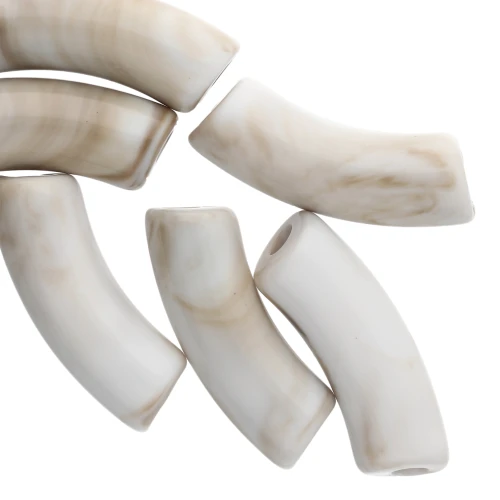 Perle tubolari curve 35x11 mm in acrilico opaco - Bianco marmorizzato - Marrone x6