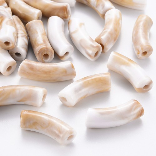 Perline tubolari curve in acrilica opaca 35x11 mm - Bianco marmorizzato - Marrone x6