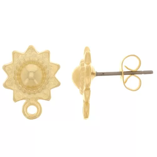 Orecchini perno etnico sole 10 mm con anello - dorato con oro fino x2
