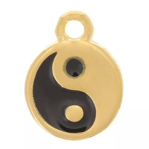 Ciondolo rotondo da 9 mm in resina epossidica - Motivo Yin Yang - Dorato - Nero
