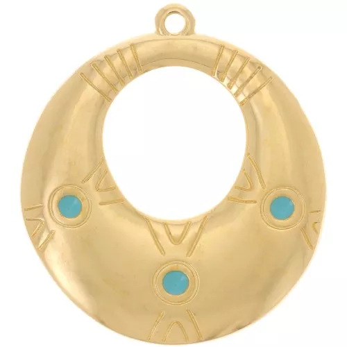Pendente etnico ovale 31x28 mm in resina epossidica - Dorato oro fino - Turchese