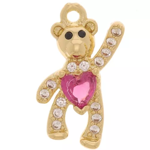 Ciondolo orso con ossido di Ossido di zirconi16x8 mm - Oro - Cristallo - Fucsia x1