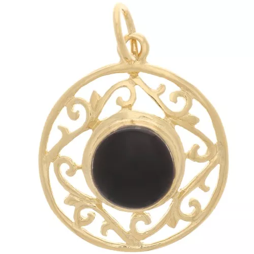 Pendente arabesco traforato 19mm e pietra semipreziosa -Dorato oro fino Onice nero