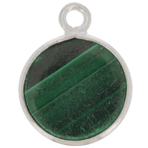 Ciondolo rotondo 11 mm - Pietra semipreziosa- Argento 925 - Malachite x1