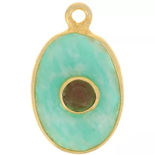 Pendente ovale sfaccettato 18,5x11,5 mm - Placcatura in oro fino - Amazzonite - Granato x1