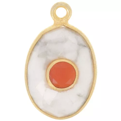 Pendente ovale sfaccettato 18,5x11,5 mm - Placcato oro - Howlite - Agata rossa x1