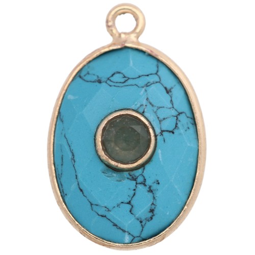 Pendente ovale sfaccettato 20,5x13 mm, dorato con oro fino - imitazione turchese - avventurina
