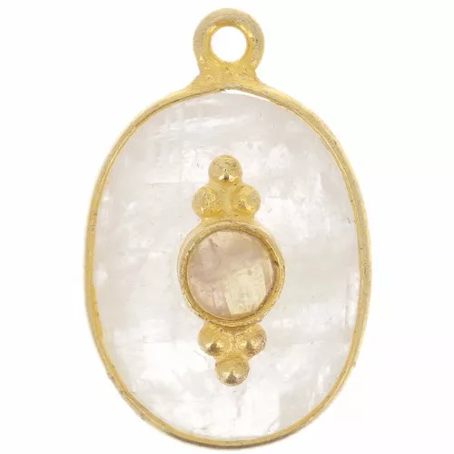 Pendente ovale sfaccettato 20x13 mm con incastonatura - Placcato oro - Pietra di luna x1