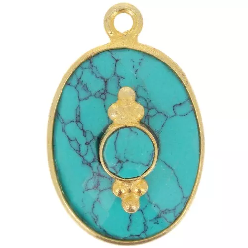 Pendente ovale sfaccettato 20x13mm con incastonatura - Dorato in oro fino - Imitazione turchese