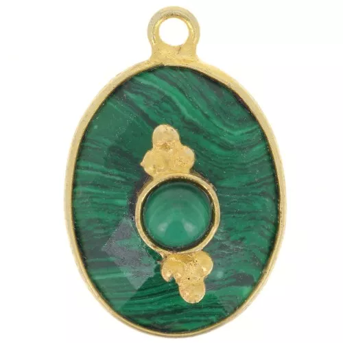 Ciondolo ovale sfaccettato 20x13mm con incastonatura - Dorato in oro fino - Imitazione di malachite
