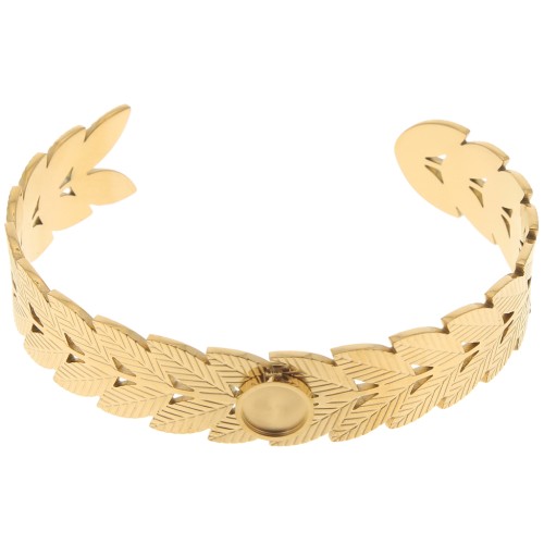 Bracelet jonc feuilles réglable 15x160 mm pour cabochon 8 mm - Acier inox 304 Doré