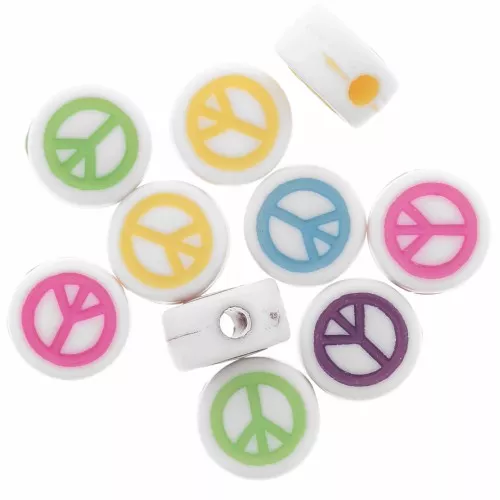 Assortimento di 10 perline rotonde piatte da 7mm peace and love Bianco-Multicolore