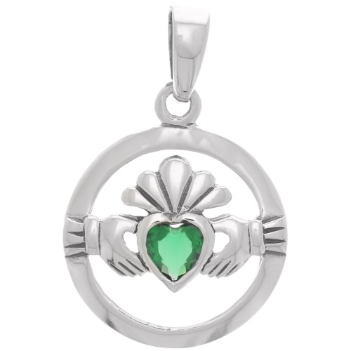 Pendente Claddagh rotondo con vetro 15 mm - Argento 925 - Smeraldo x1