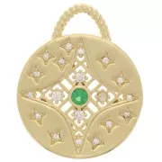 Pendente rotondo con  Ossido di zirconio 18,5mm - motivo a stella - Oro - Verde - Cristallo x1