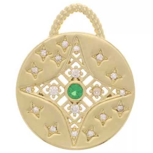 Pendente rotondo con Ossido di zirconio 18,5mm - motivo a stella - Oro - Verde - Cristallo x1