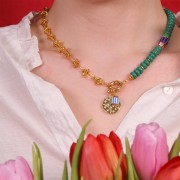 Pendente rotondo con  Ossido di zirconio 18,5mm - motivo a stella - Oro - Verde - Cristallo x1