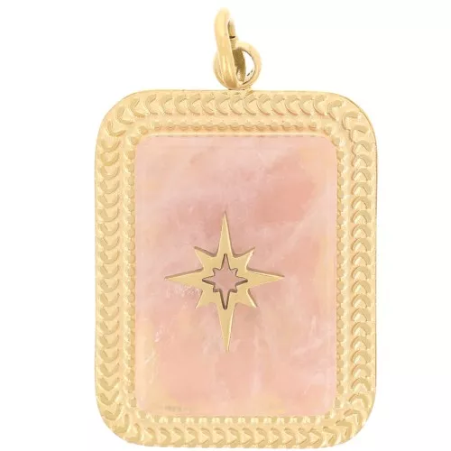 Pendente rettangolare 20x14 mm - Acciaio inossidabile 316L ORO - Quarzo rosa x1