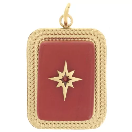 Pendente in pietra semipreziosa rettangolare 20x14 mm - Acciaio inossidabile 304 Dorato - Diaspro rosso x1