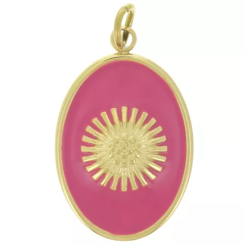 Pendente ovale 20x13mm sole - resina epossidica Acciaio inox 316L Oro - Fucsia