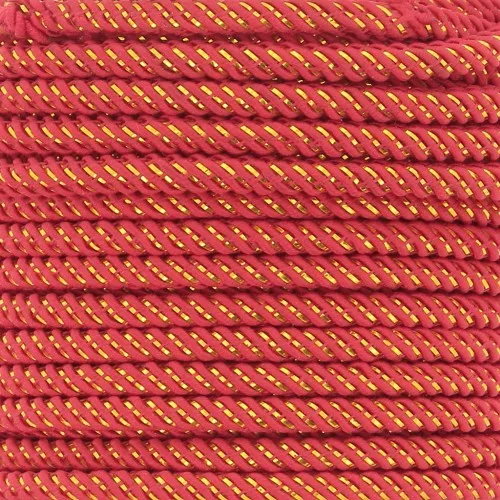 Cordoncino in poliestere intrecciato e filo metallico da 3 mm - Rosso - Oro x1m