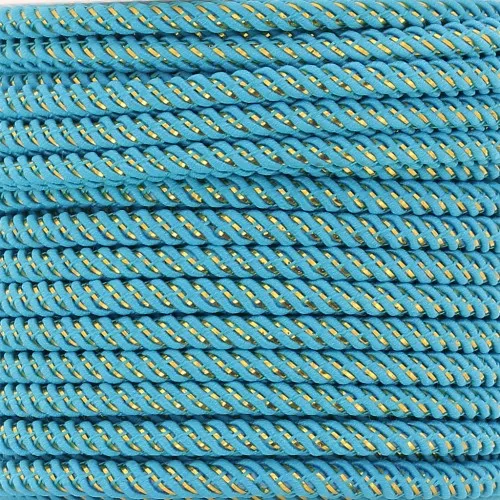 Cordoncino in poliestere intrecciato e filo metallico 3 mm - Turchese - Oro x1m