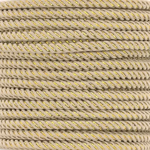 Cordoncino in poliestere intrecciato e filo metallico 3 mm - Beige - Oro x1m