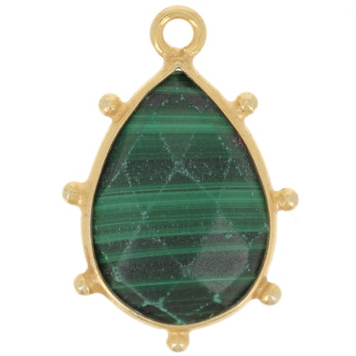 Pendente goccia sfaccettata e piccole sfere 19x13mm Arg925 dorato - Malachite