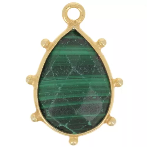 Pendente goccia sfaccettata e piccole sfere 19x13mm Arg925 dorato - Malachite